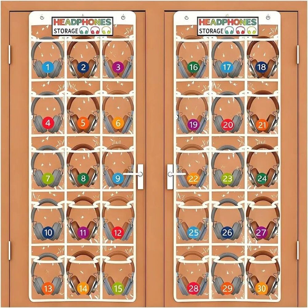 2 Pack Classroom Over Door Headphone Storage Organizer with 30 Pockets & Labels